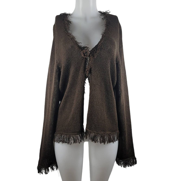 Chico's Brown Fringed Linen Blend Open Knit 1 Button Closure Jacket 3- L- 16 - Picture 1 of 5